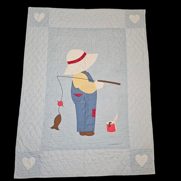 VTG Overall Sam Gone Fishing Blue Quilt Blanket Toddler Coverlet 44 X 60" - Picture 1 of 12